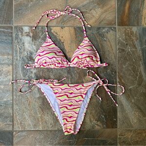 Cabana del Sol String Bikini Set Women’s Size Large Wave Pattern Swirl Pink